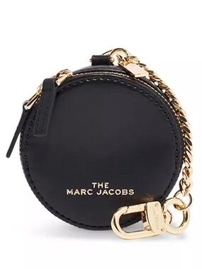 Marc Jacobs The Sweet Spot Black Leather Round Coin Purse Wallet Gold Chain